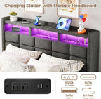 Lift Up Full Size Bed Frame with Storage, Upholstered Full Bed Frame with LED Lights Headboard and Charging Station, No Box Spring Needed, Easy Assembly - Dark Grey