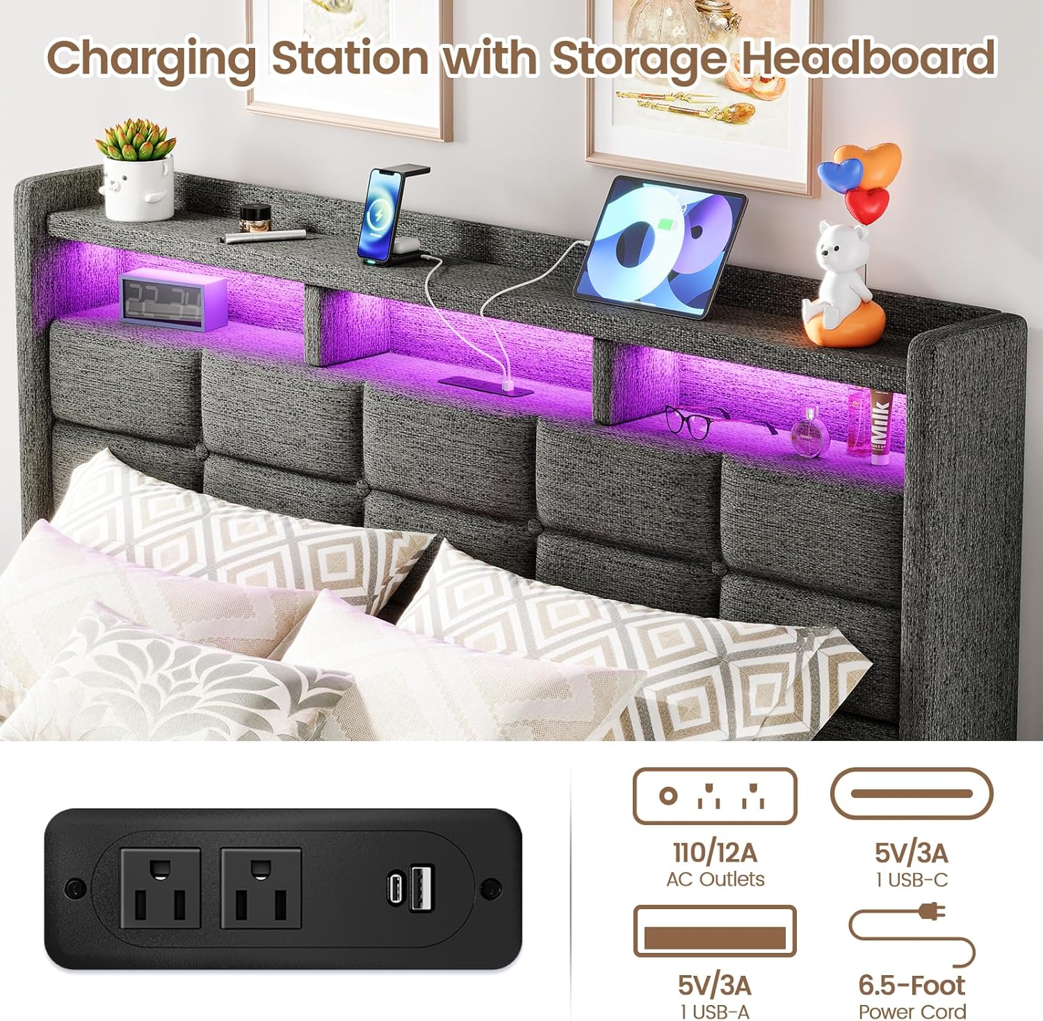 Lift Up Full Size Bed Frame with Storage, Upholstered Full Bed Frame with LED Lights Headboard and Charging Station, No Box Spring Needed, Easy Assembly - Dark Grey