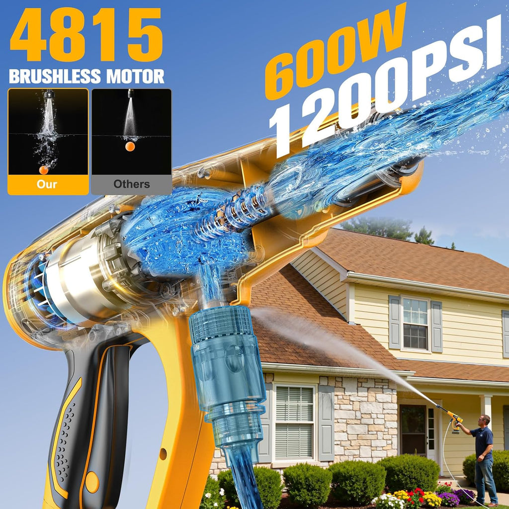 Car Cleaning Tools, 600W, Brushless Motor, 6-in-1 Nozzle & Foam Cannon for Car, Patio, Fence (Yellow)
