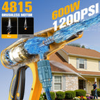 Car Cleaning Tools, 600W, Brushless Motor, 6-in-1 Nozzle & Foam Cannon for Car, Patio, Fence (Yellow)