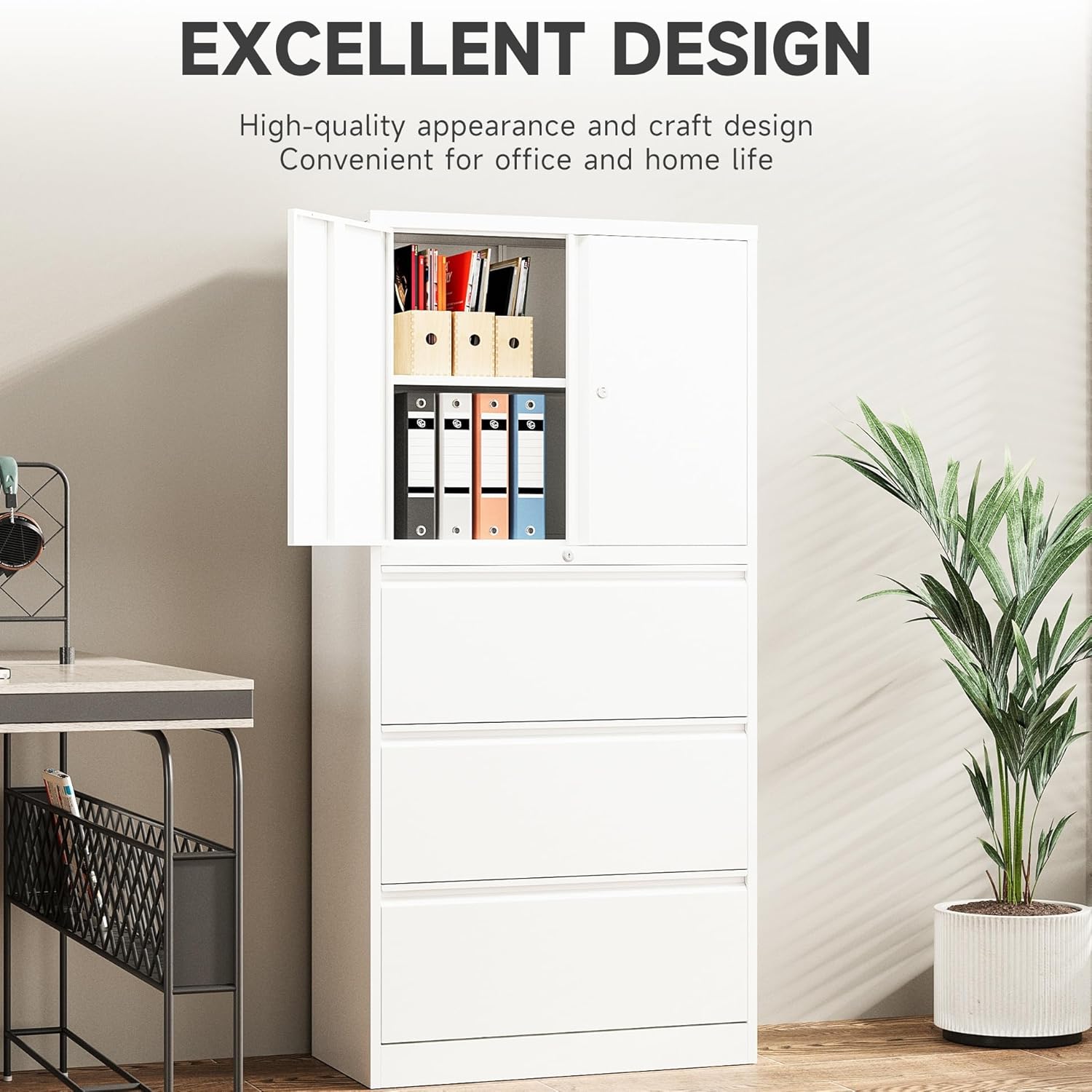 SISESOL 3 Drawer Lateral File Cabinet with Lock and Shelf,White Metal Filling Cabinet with Drawers and Shelf, Locking File Storage Cabinets with Doors and Shelves for Home,Office,Garage,School