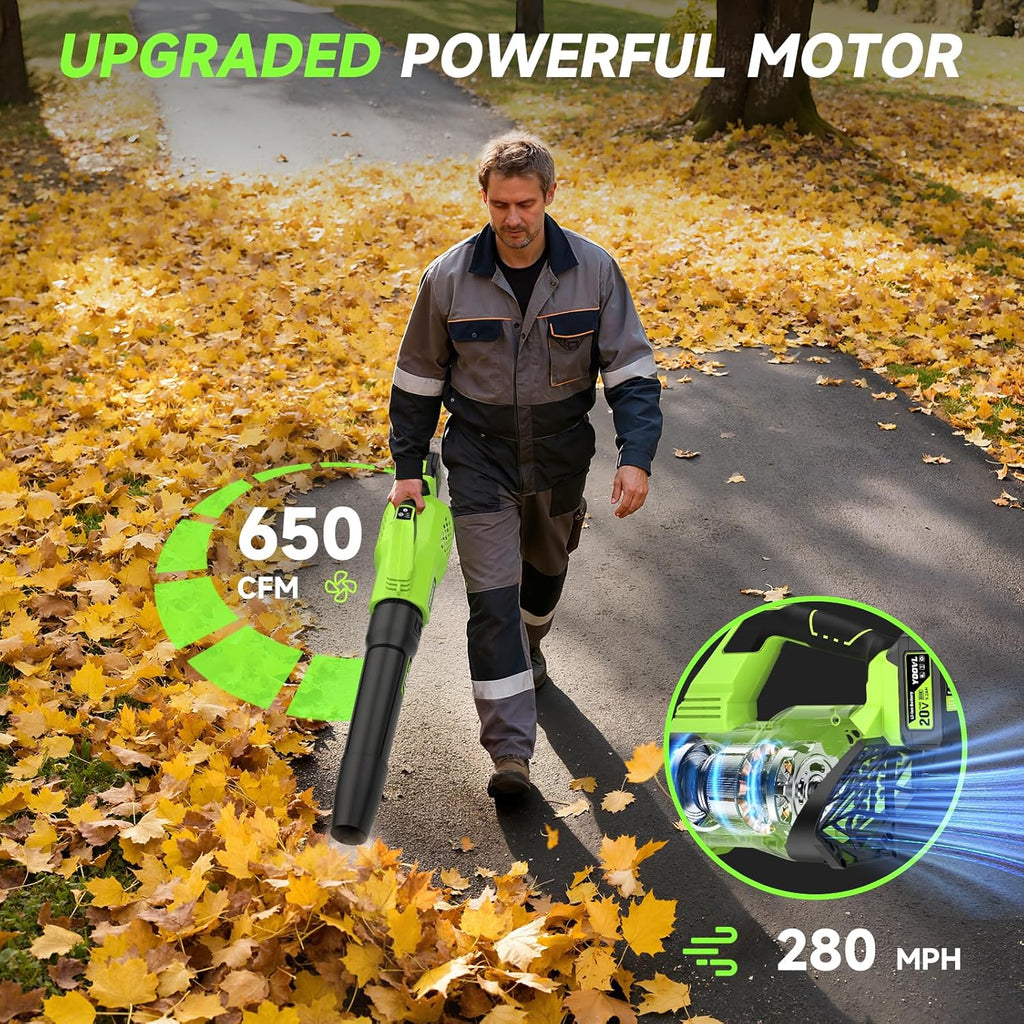 Leaf Blower Cordless, 650CFM Electric Leaf Blowers with 2 x 5.2Ah Batteries and Charger, 3 Speed Modes, 1 x Adjustable Shoulder Strap, Powerful Blowers for Lawn Care, Patio, Dust, Blowing Leaves