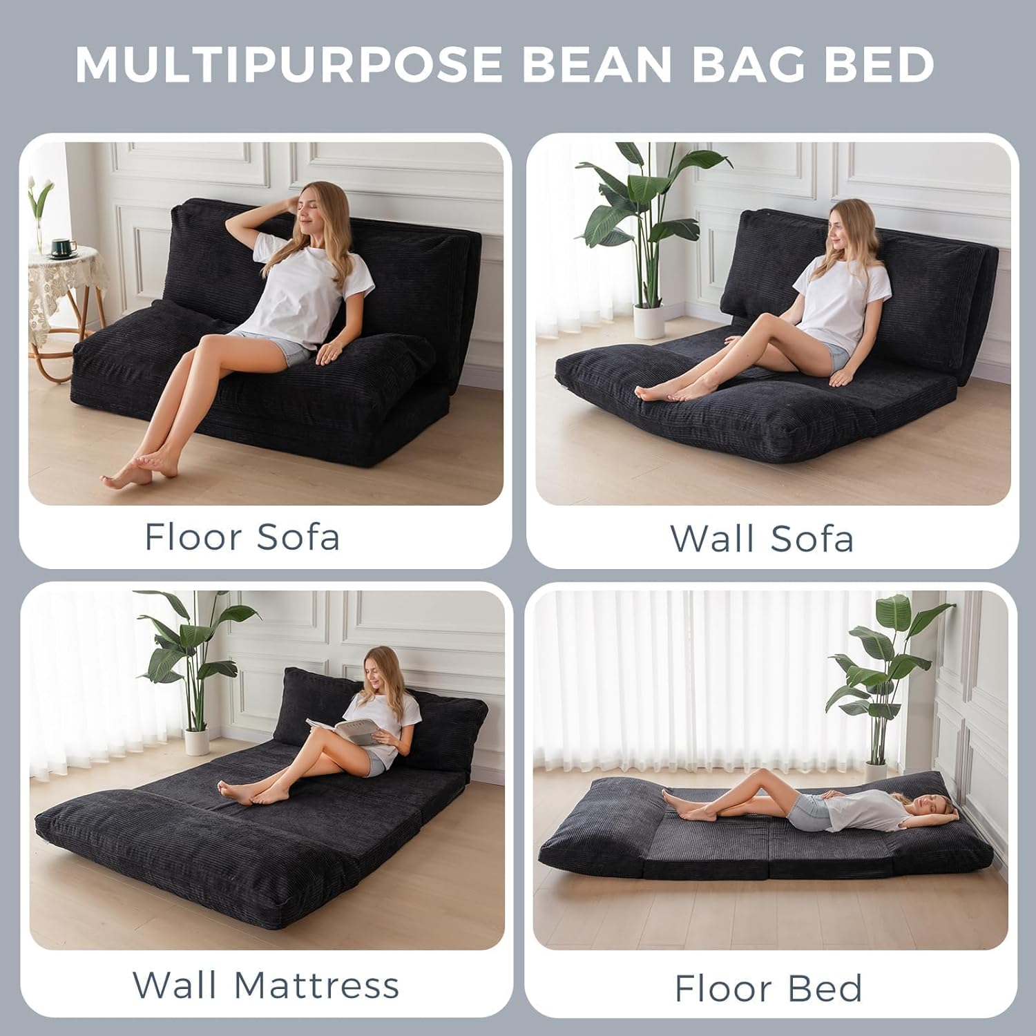 MAXYOYO Folding Sofa Bed, Extra Thick and Long Floor Sofa Convertible Sleeper Chair with Washable Cover, Floor Couch Lounge Bean Bag Bed for Living Room, Black, 30"x95"