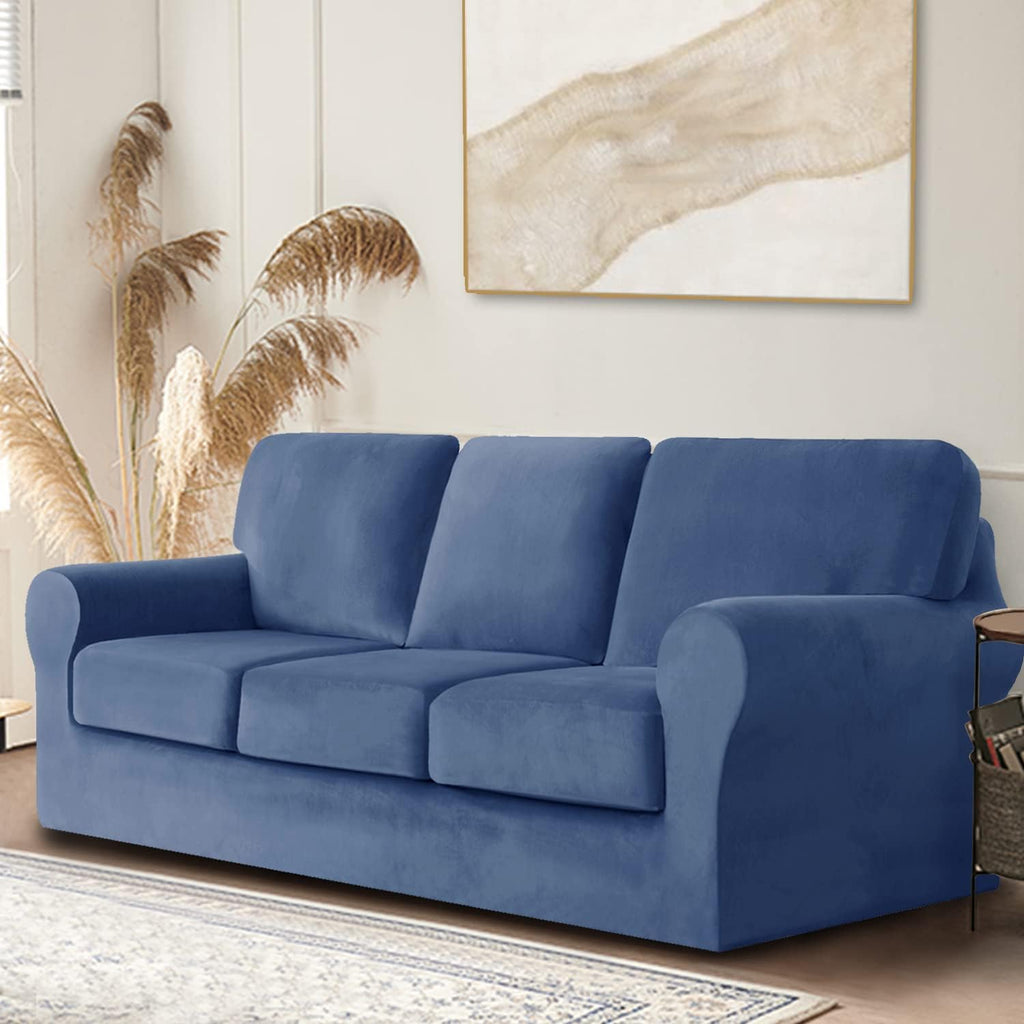Velvet High Stretch Sofa Covers for 2 Cushion Couch Sofa Slipcovers, Washable Furniture Protector with Drawstring Anti Slip Bottom, Soft and Plush Fabric for Kids and Pet (Dark Blue 7 Pieces)