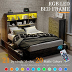 Queen Size Bed Frame with LED Bookcase Headboard, Wooden Storage Bed with Charging Station & 4 Drawers, No Box Spring Needed/Noise-Free/Rustic Grey