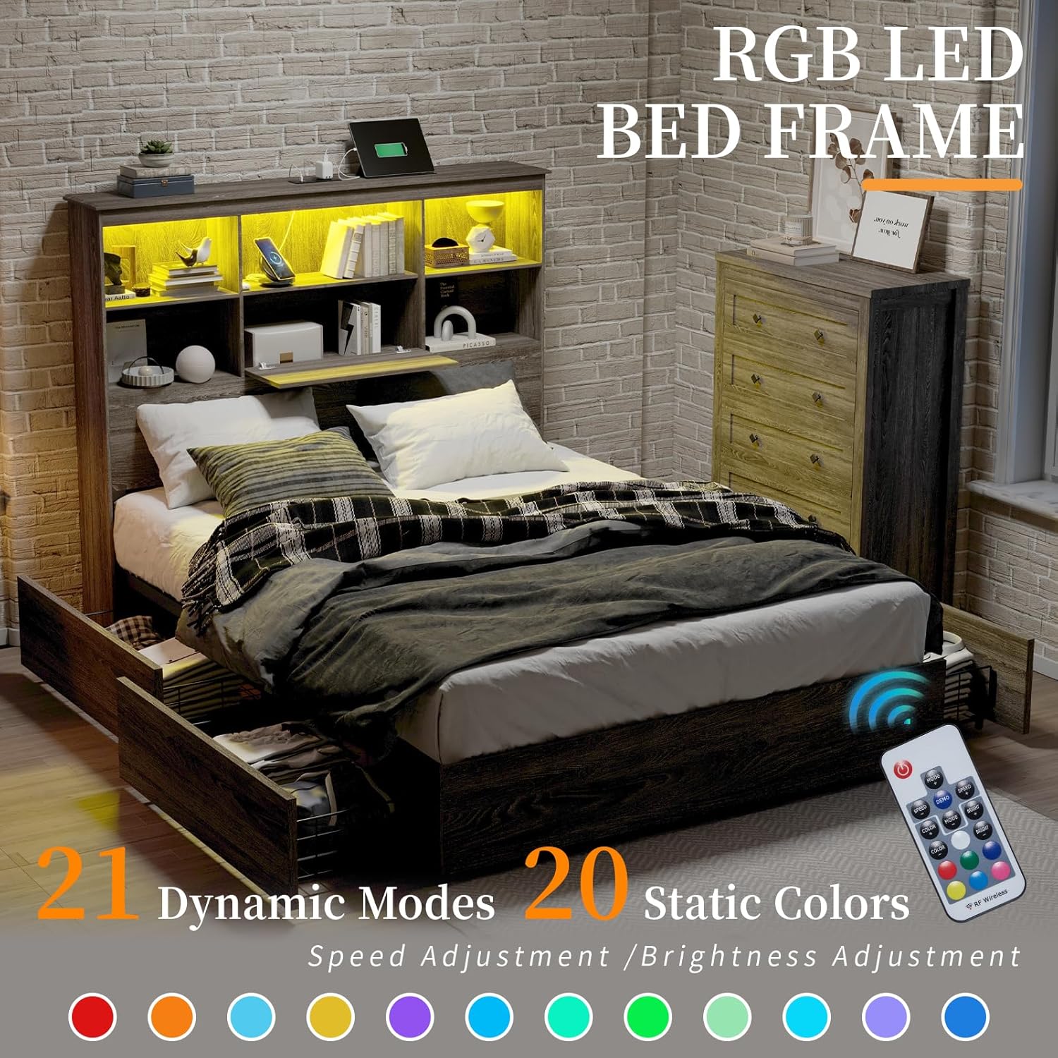 Queen Size Bed Frame with LED Bookcase Headboard, Wooden Storage Bed with Charging Station & 4 Drawers, No Box Spring Needed/Noise-Free/Rustic Grey