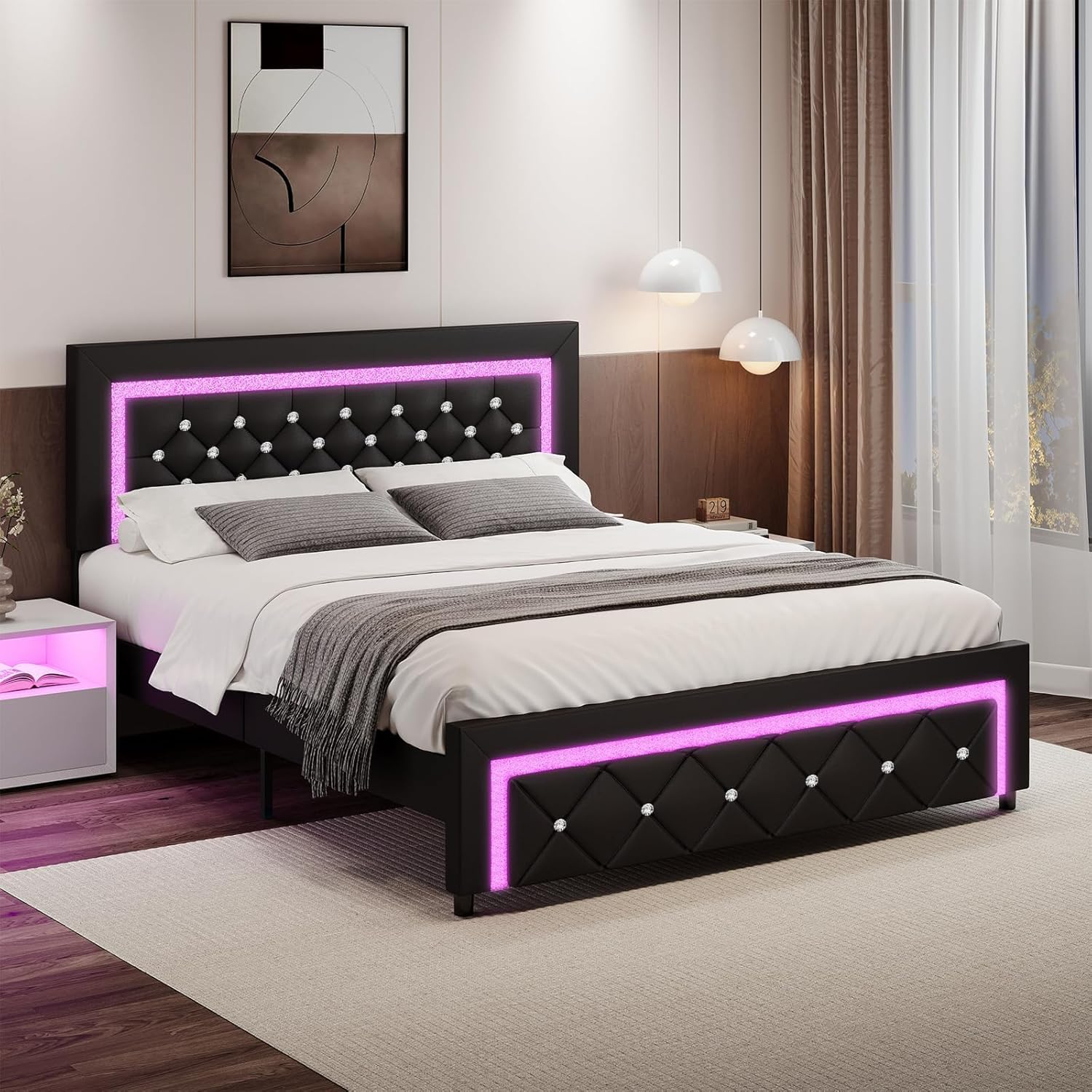 BarnFurin Queen Size Bed Frame with LED Lights, Upholstered Platform Bed with Diamond Tufted Headboard, No Box Spring Needed, Noise Free, Easy Assembly, Black
