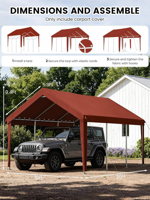10 x 20 Ft Carport Replacement Cover, Heavy Duty Outdoor Car Tarp Canopy, Waterproof & UV Protected Tear Oxford Tarp with Ball Bungees (Frame is Not Included)