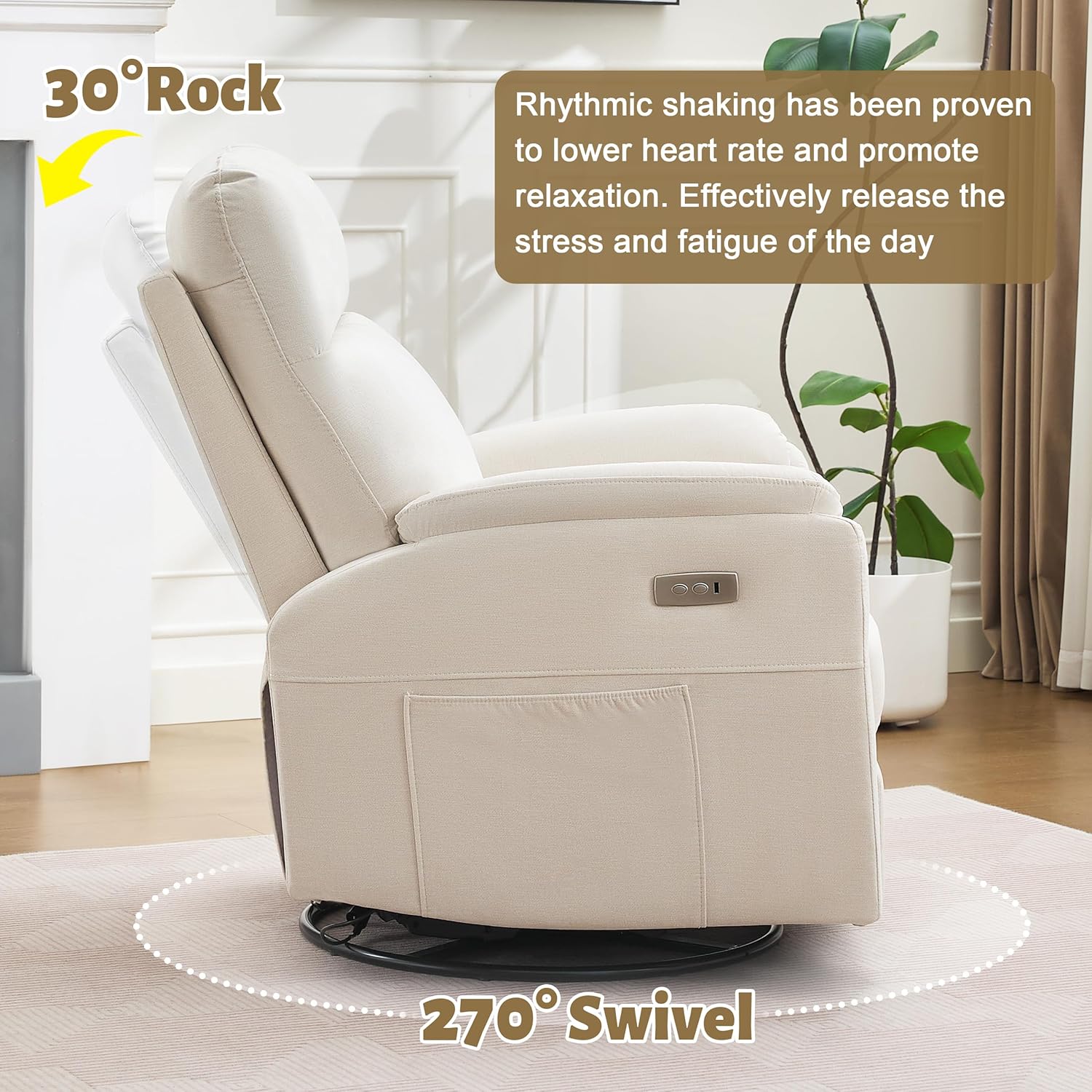 Power Glider Recliner Nursery Rocking Chair with USB Ports, Glider Chair with Lumbar Pillow for Living Room, Glider Swivel Recliner Chair for Nursery(Beige)