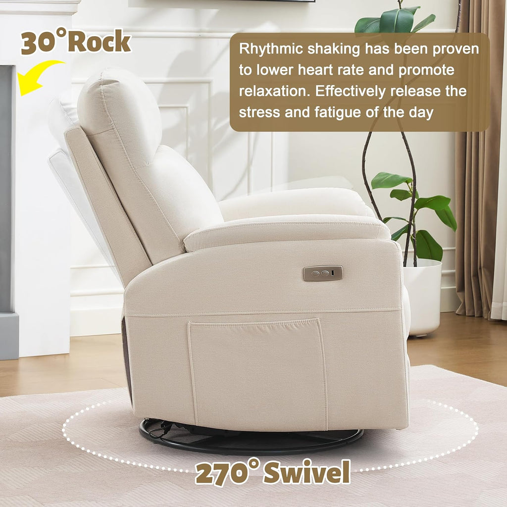 Power Glider Recliner Nursery Rocking Chair with USB Ports, Glider Chair with Lumbar Pillow for Living Room, Glider Swivel Recliner Chair for Nursery(Beige)