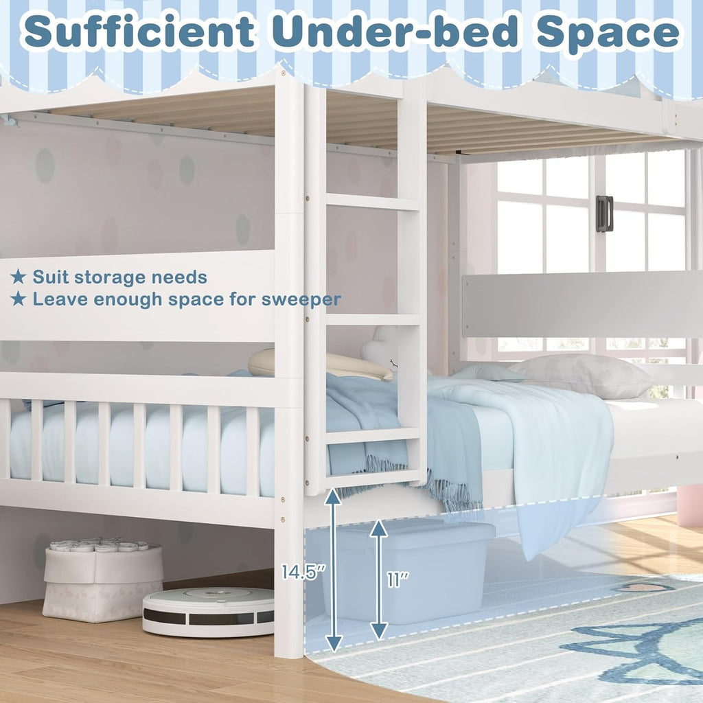 Giantex Wood Bunk Bed Twin Over Twin, Solid Wood Bunk Bed Frame with Ladder & Safety Guardrails, Space-Saving Convertible Bunk Beds for Kids Teens Juniors, Can Be Divided Into Two Twin Beds, White