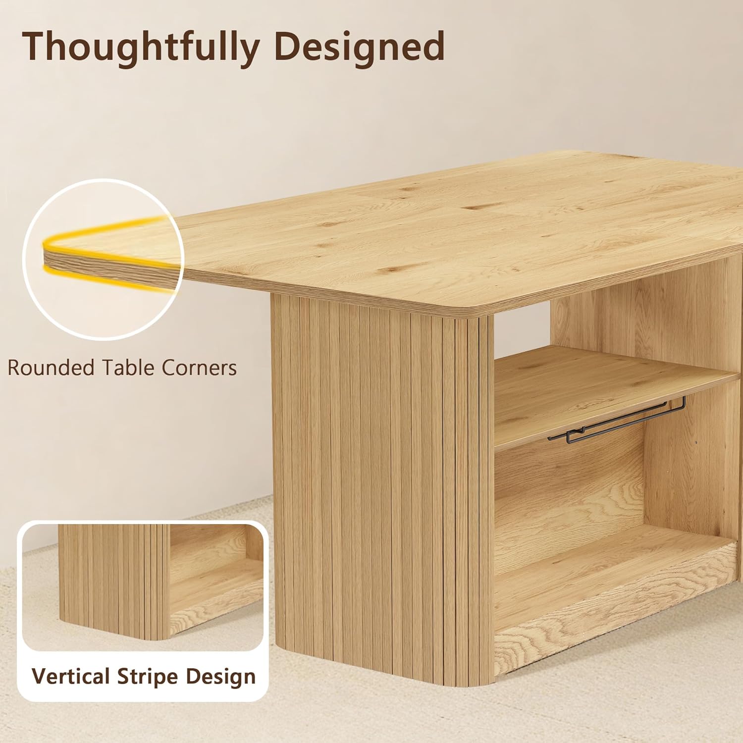 FUQARHY Dining Table for 6, Small Rectangular Kitchen Table for 4 with 2-Tier Storage Shelf, Farmhouse Modern Fluted Wood Table (Yellow Oak)
