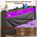 LED King Size Bed Frame with 4 Storage Drawers, Upholstered King Bed Frame with 2-Tier Headboard and Charging Station, No Box Spring Needed, Easy to Assembly - Dark Grey