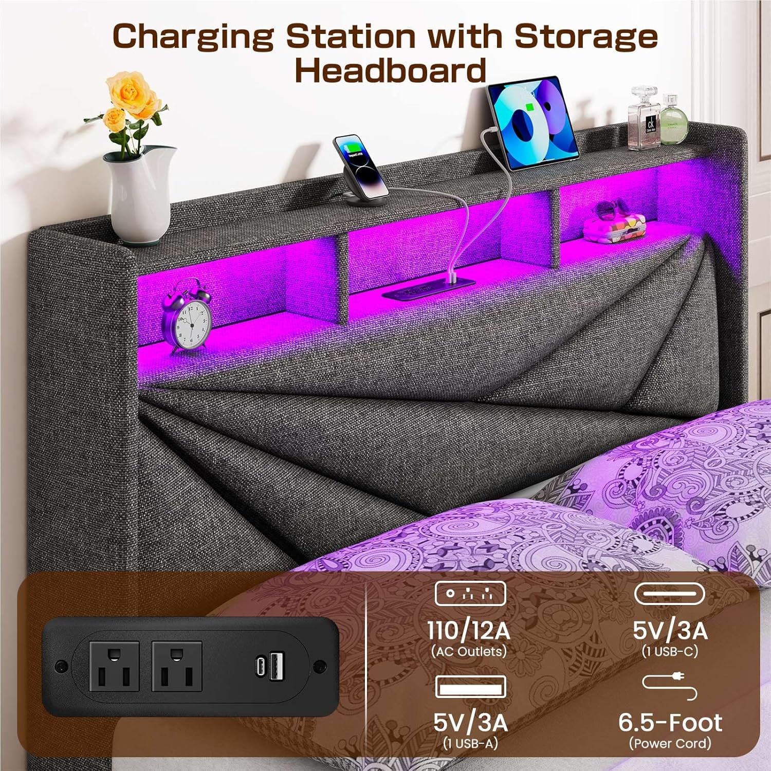 LED King Size Bed Frame with 4 Storage Drawers, Upholstered King Bed Frame with 2-Tier Headboard and Charging Station, No Box Spring Needed, Easy to Assembly - Dark Grey
