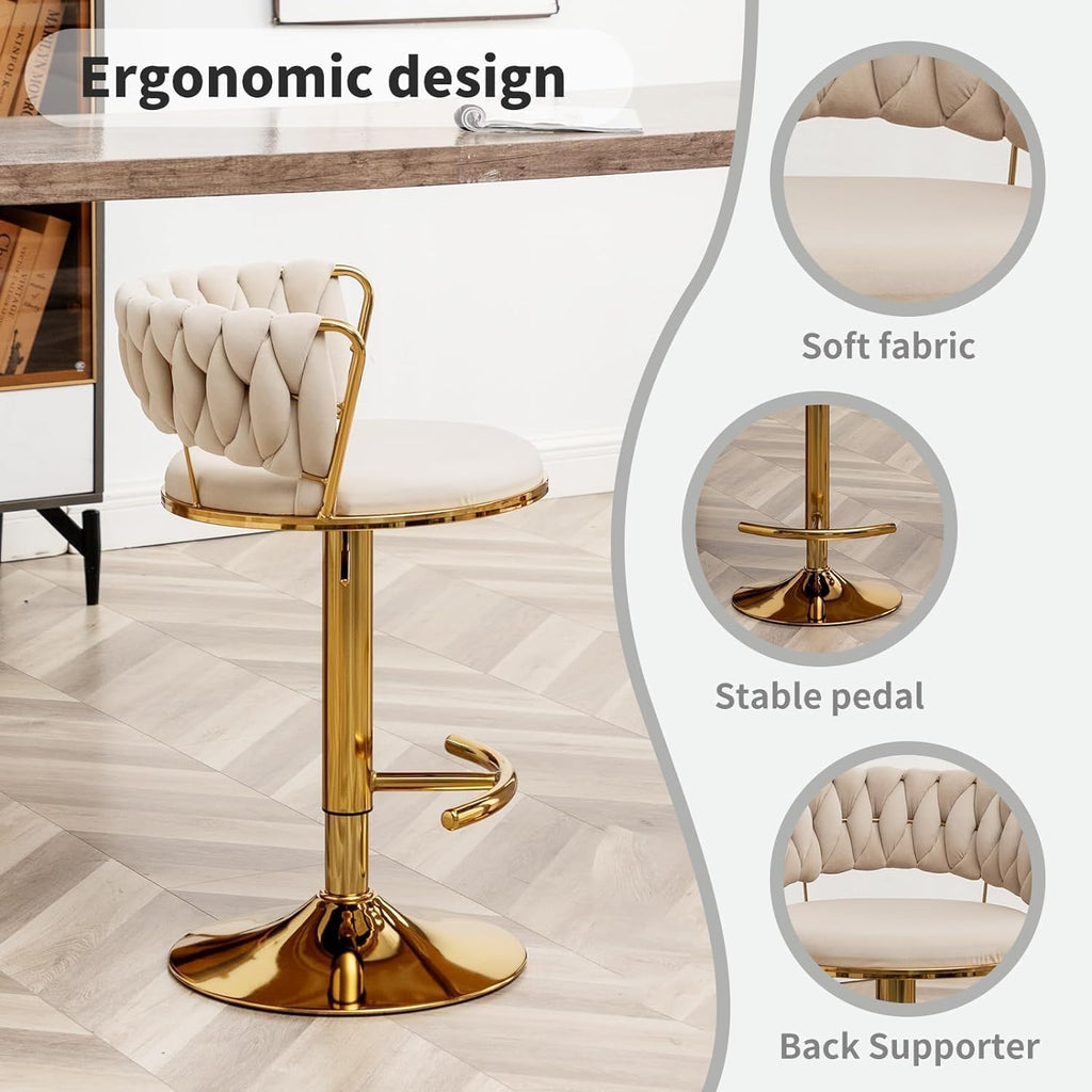 Gold Bar Stools Set of 3, Counter Height Bar Chairs with Low Back, Velvet Adjustable Height Barstools, 360° Swivel Bar Stools for Kitchen Island, Pub (Beige)