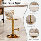 Gold Bar Stools Set of 3, Counter Height Bar Chairs with Low Back, Velvet Adjustable Height Barstools, 360° Swivel Bar Stools for Kitchen Island, Pub (Beige)