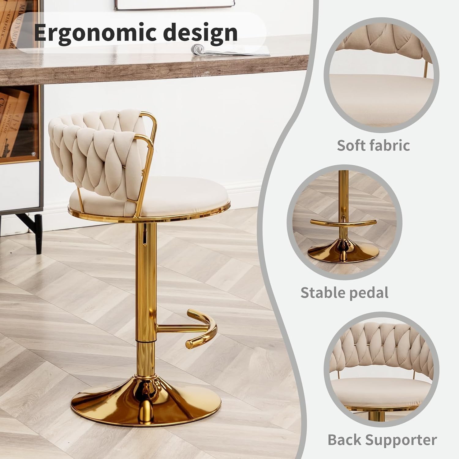 Gold Bar Stools Set of 3, Counter Height Bar Chairs with Low Back, Velvet Adjustable Height Barstools, 360° Swivel Bar Stools for Kitchen Island, Pub (Beige)