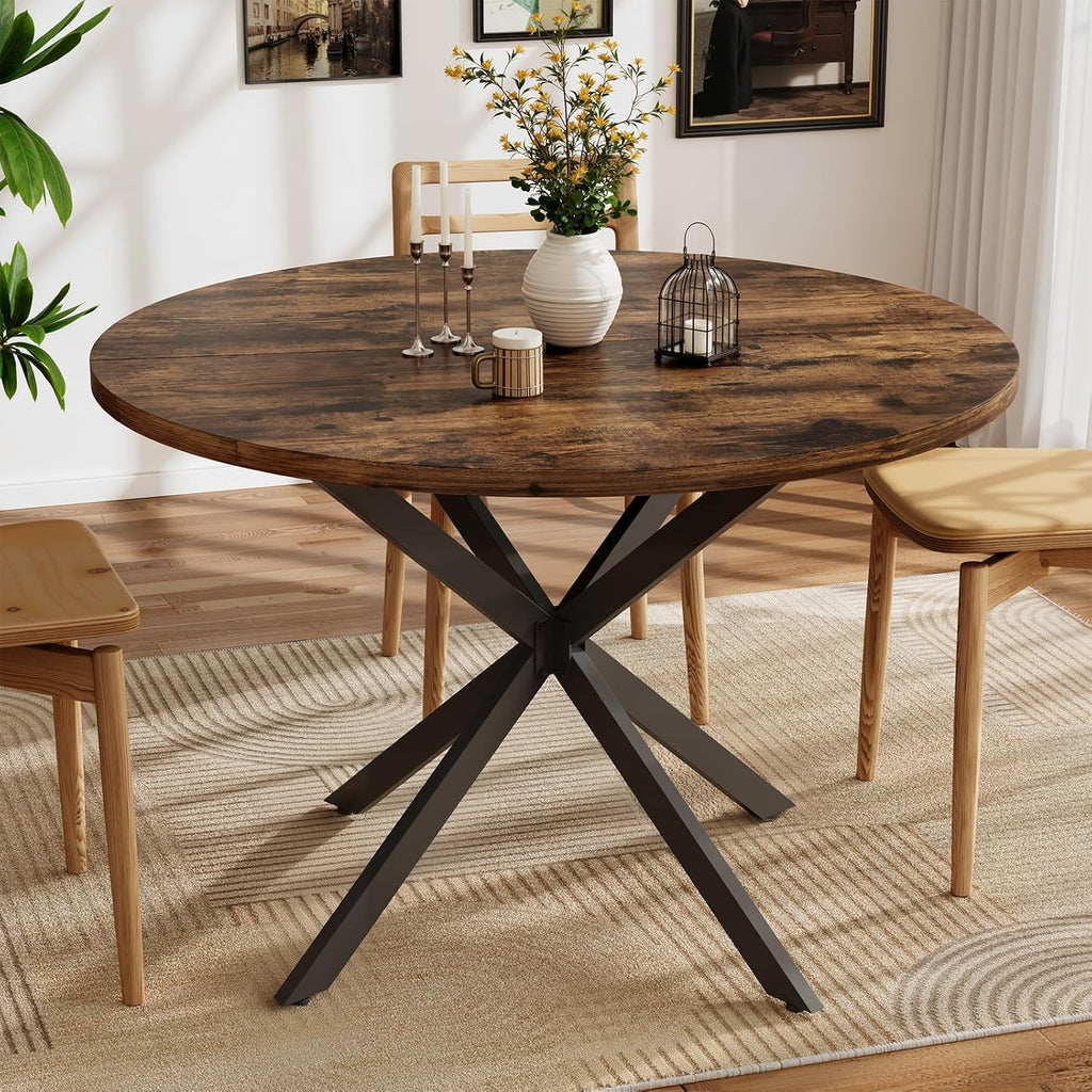 Vantic 47" Round Dining Table for 4-6 People, Farmhouse Wood Kitchen Table for Small Space,Circle Dining Table with Metal Base for Kitchen & Living Room, Rustic Brown