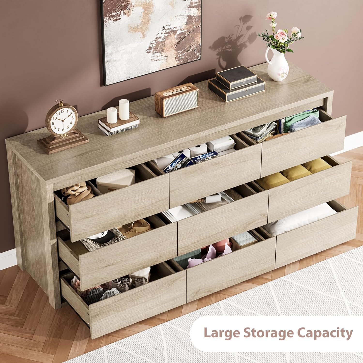 GarveeHome 9 Drawer Dresser for Bedroom, Wide Modern Chest of Drawers, Large Wood Dresser Wooden Storage Organizer for Living Room, Hallway Entryway