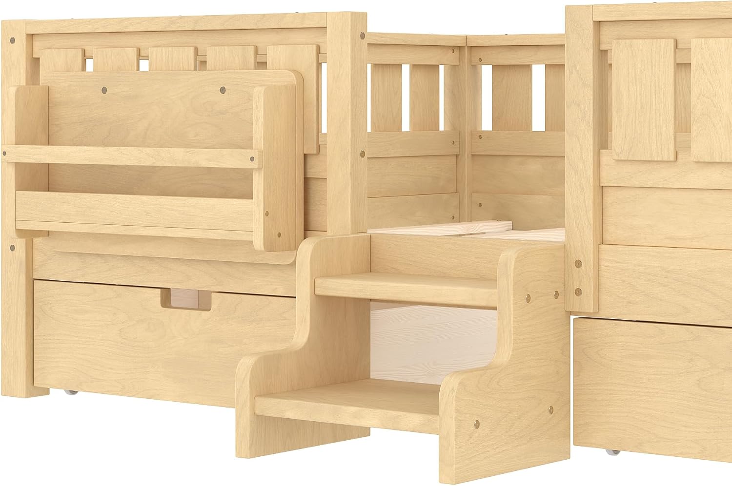 Bellemave Full Size Bed with Slats and Stairs, Full Size Platform Bed Frame with Fence, Bookshelf and Storage Drawers, Easy Assemble Beds for Girls, Boys, Light Natural