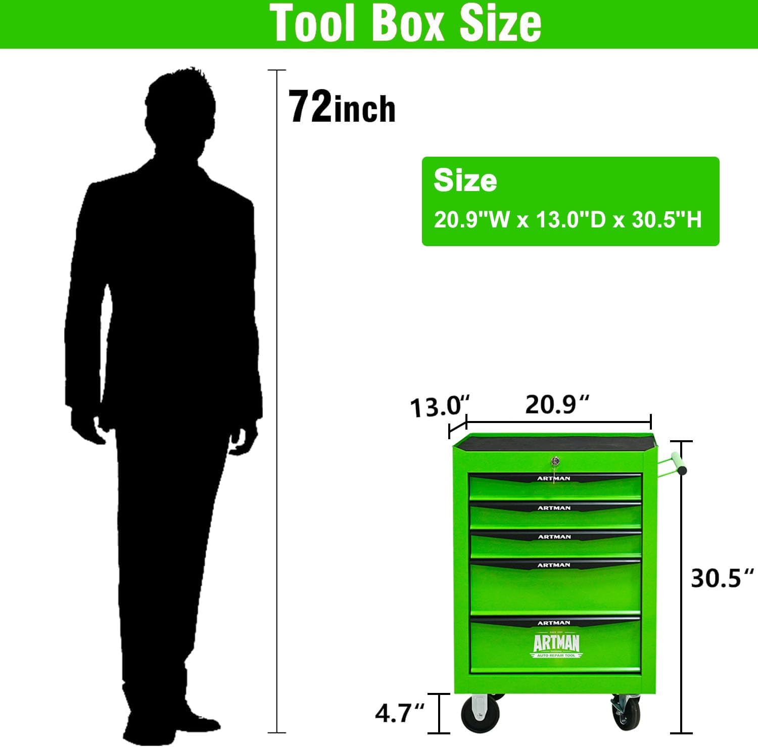 5 Drawers Tool Cart on Wheels, Multifunctional Rolling Tool Chest, Drawers Mobile Trolley Organizer Heavy Duty Tools Box with Locking Wheels & Ball Bearing Drawers (Green, 5 Drawers)