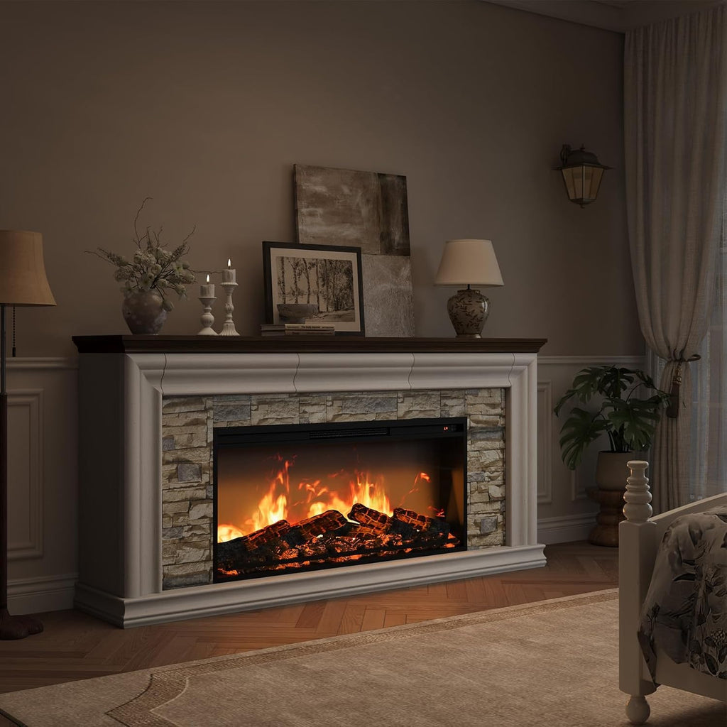 QUW 70" Fireplace TV Stand Up to 80" TVs, 42" Modern Electric Fireplace with Mantel, Farmhouse Entertainment Center with Concealed 3 Drawers for Living Room, Adjustable Brightness & Low Noise, White