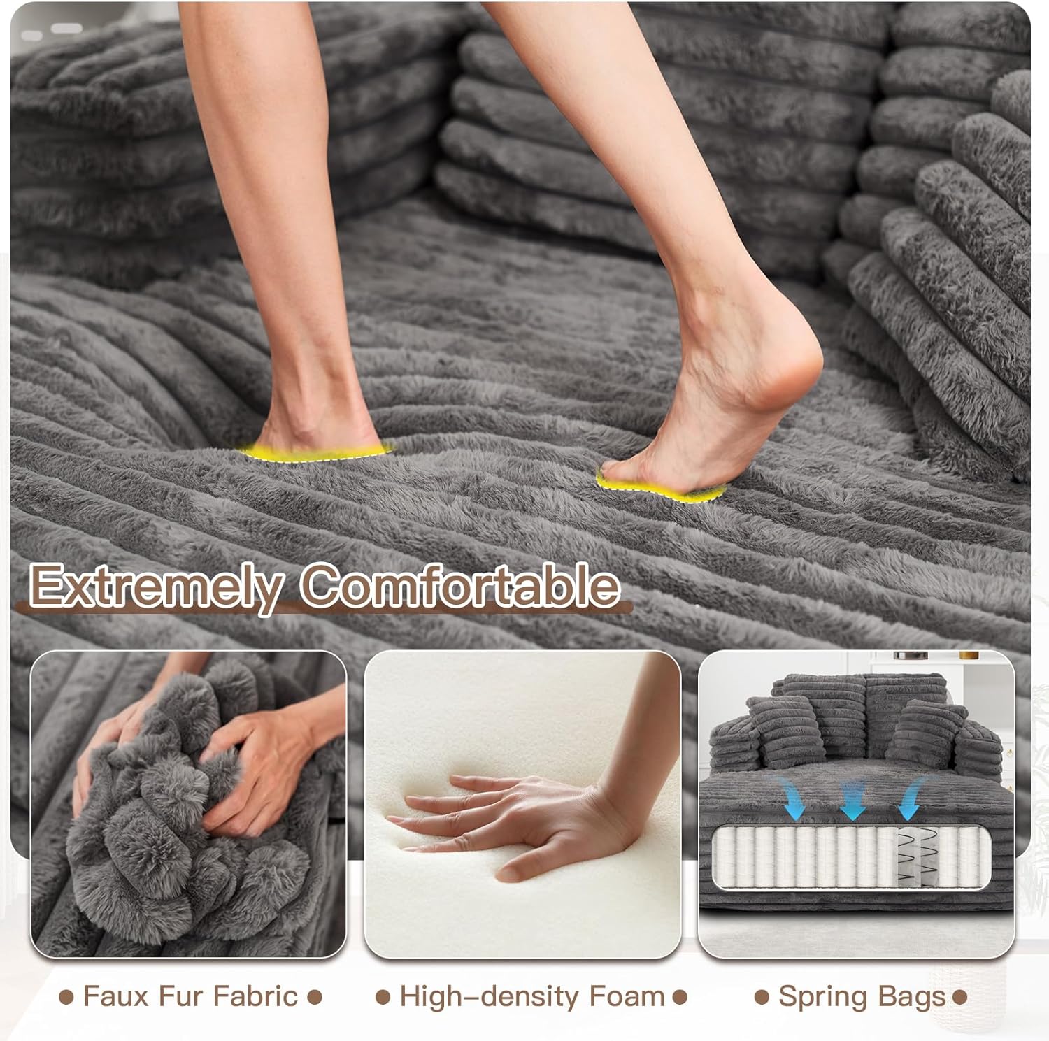 56" Oversized Chaise Lounge Chair Indoor,Plush Faux Fur Sleeper Sofa Couch Bed with Pillows&Wide Armrests,Fluffy Comfy Cloud Couch,Compression Foam Couch for Living Room,Bedroom(Grey)