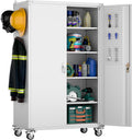 Aobabo Extra Large Garage Storage Cabinet on Wheels, Metal Storage Cabinets with 4 Adjustable Shelves, 3 Pegboards and 2 Tool Pouches for Home Office Stash, Assembly Required