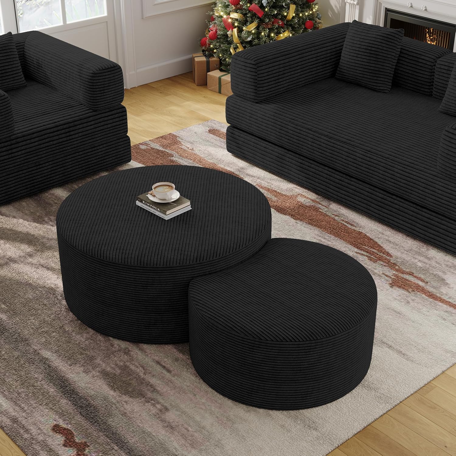 BSHOMGI Nesting Coffee Table Set of 2, Upholstered Round Corduroy Circle Foam Round Side Table for Living Room, Entryway Set, 32"+17" Footrest No Assembly (Black, 32"+17")