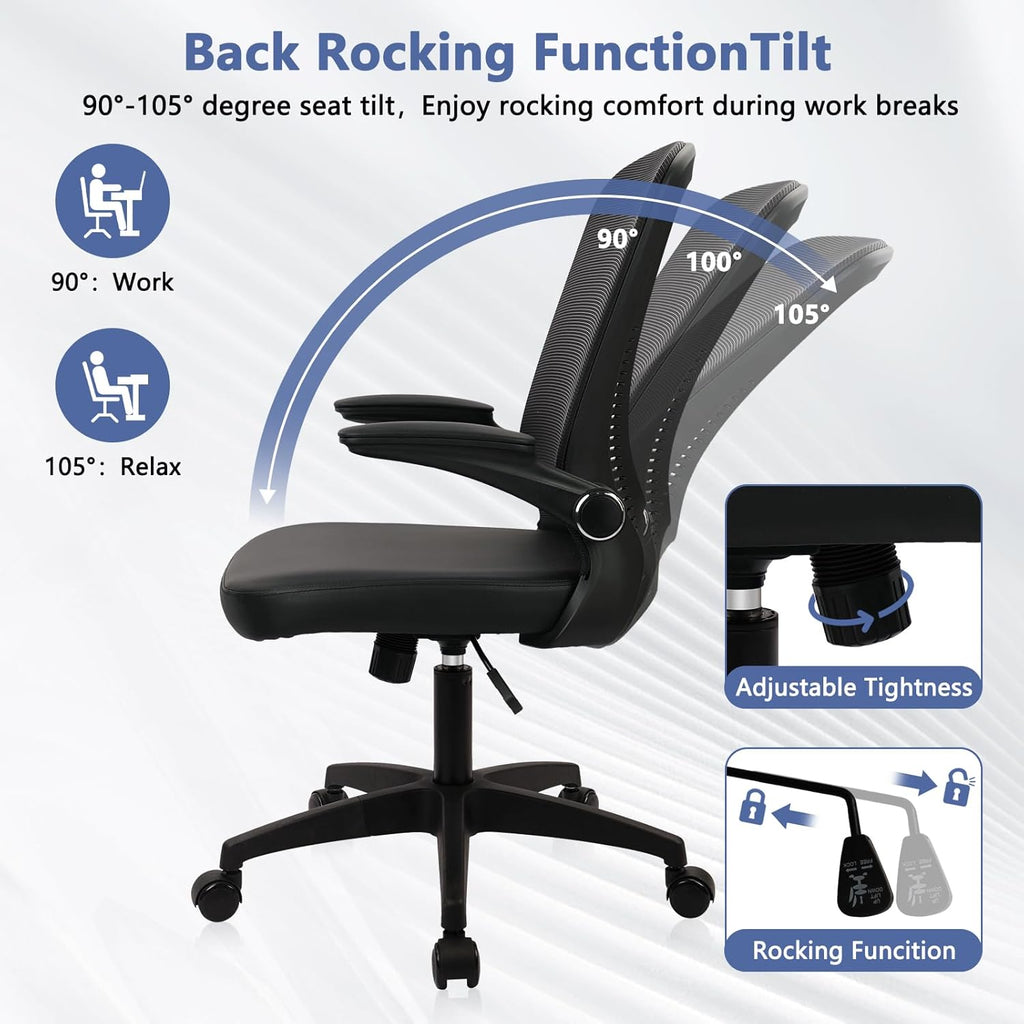 CLATINA Desk Chairs with PU Leather Seat, Flip Up Arms Ergonomic Mesh Back Office Chair with Lumbar Support, Adjustable Height Swivel Rolling Computer Chairs for Home Conference Meeting, Black, 4 Pack