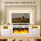 MXV 80" Fireplace TV Stand for TVs Up to 90", LED Light Entertainment Center with 36" Electric Fireplace, Modern Wood Texture TV Media Console with Highlight Storage Cabinet, White-White