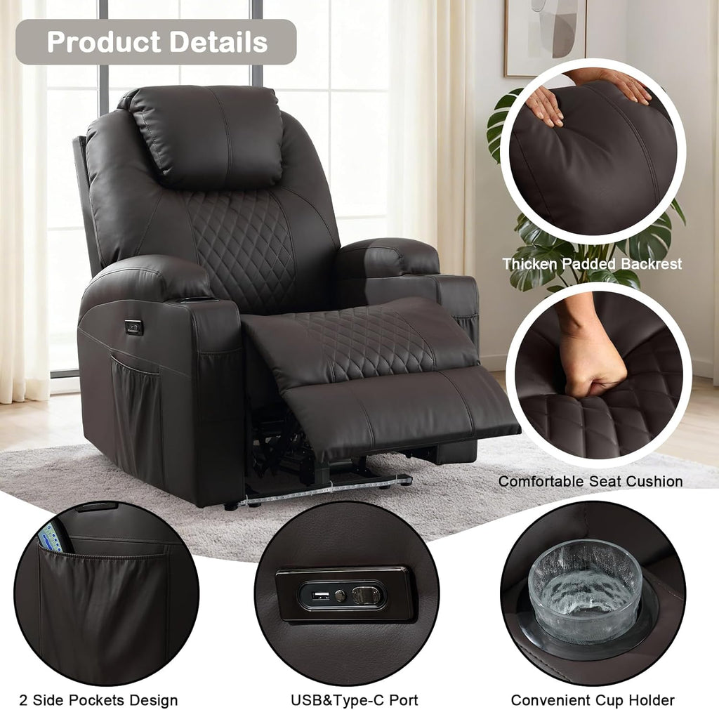 Power Recliner Chair with Heat and Massage for Adults - Home Theater Seating with LED Lights,Cup Holders,Side Pocket,USB Port - Recliner Sofa for Living Room (Brown, Single Recliner)
