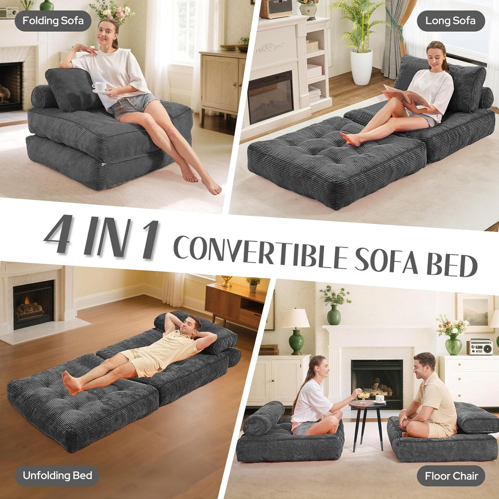 HABUTWAY Folding Sofa Bed, Convertible Sleeper Chair Bed w/Dual-Pillow & Handle, Foldable Floor Sofa Lounge w/Back Support for Living Room, Bedroom, Apartment, Office, Single, Grey