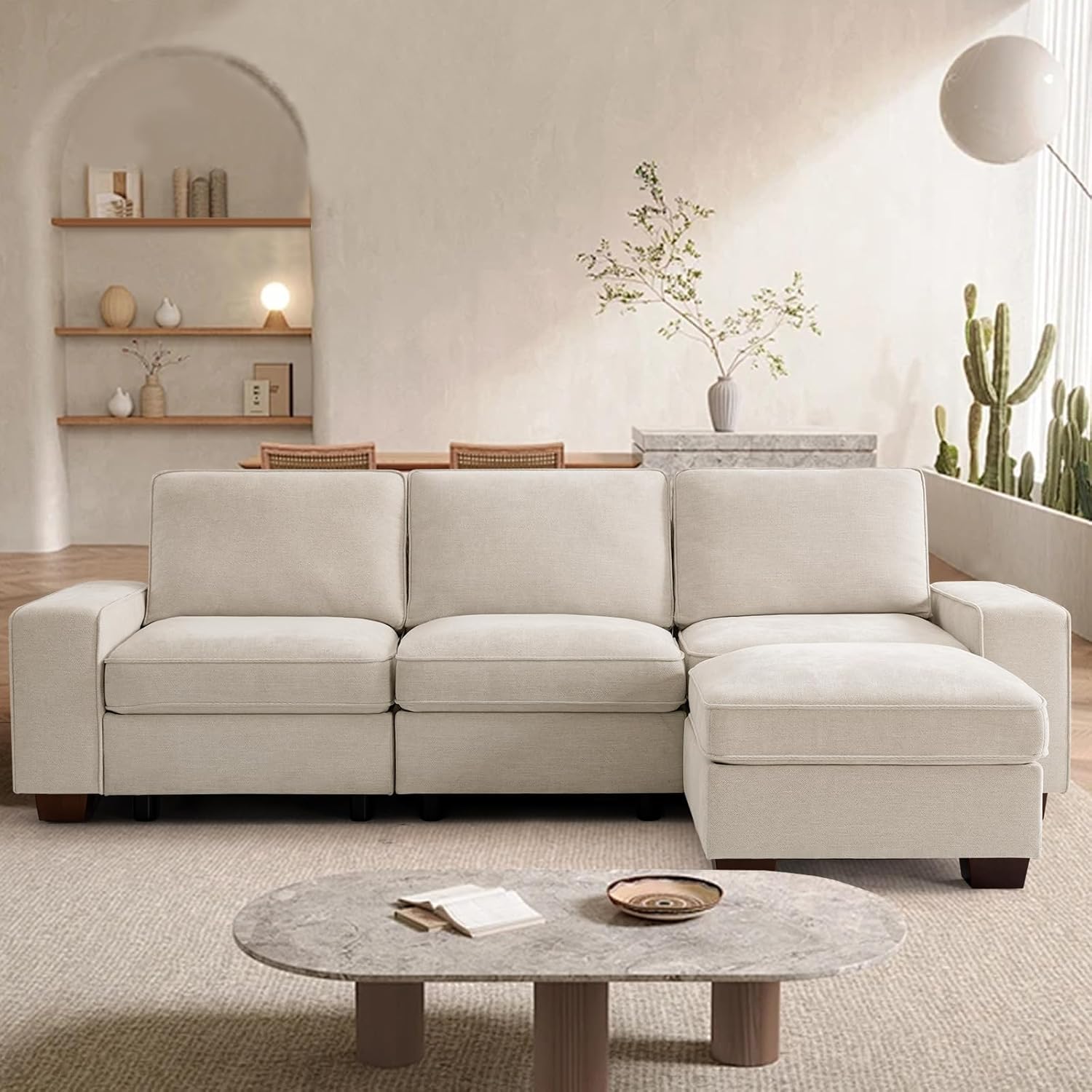TEKAMON 100" Modular Sectional Sofa with Seats Storage, L Shaped Couch with Movable Ottoman for Living Room, Couch with Chaise, Solid Wood Frame, Spring Cushions, USB Port, Removable Covers, Beige | Seats Storage, Movable Ottoman, Flexible ModularSof