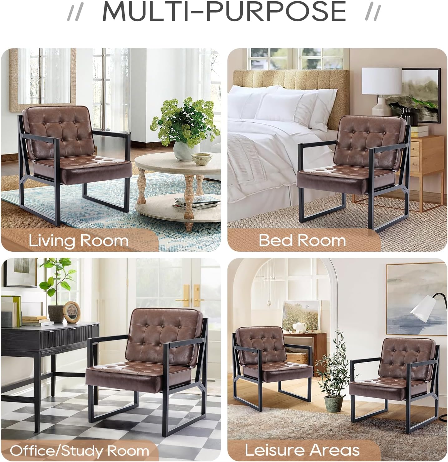 COLAMY Mid Century Modern Accent Chair Set of 2, Comfy Living Room Chair, Brown Leather Accent Chair, Faux Leather Reception Armchair with Metal Legs for Living Room Bedroom Reception Office, Brown