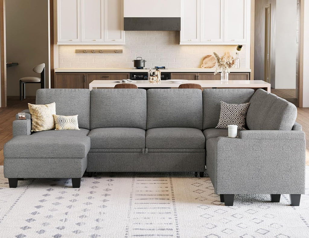 Belffin Sleeper Sofa Modular Sectional Pull Out Couch Bed U Shaped Sofa Couch for Living Room with Storage Chaise. Light Gery