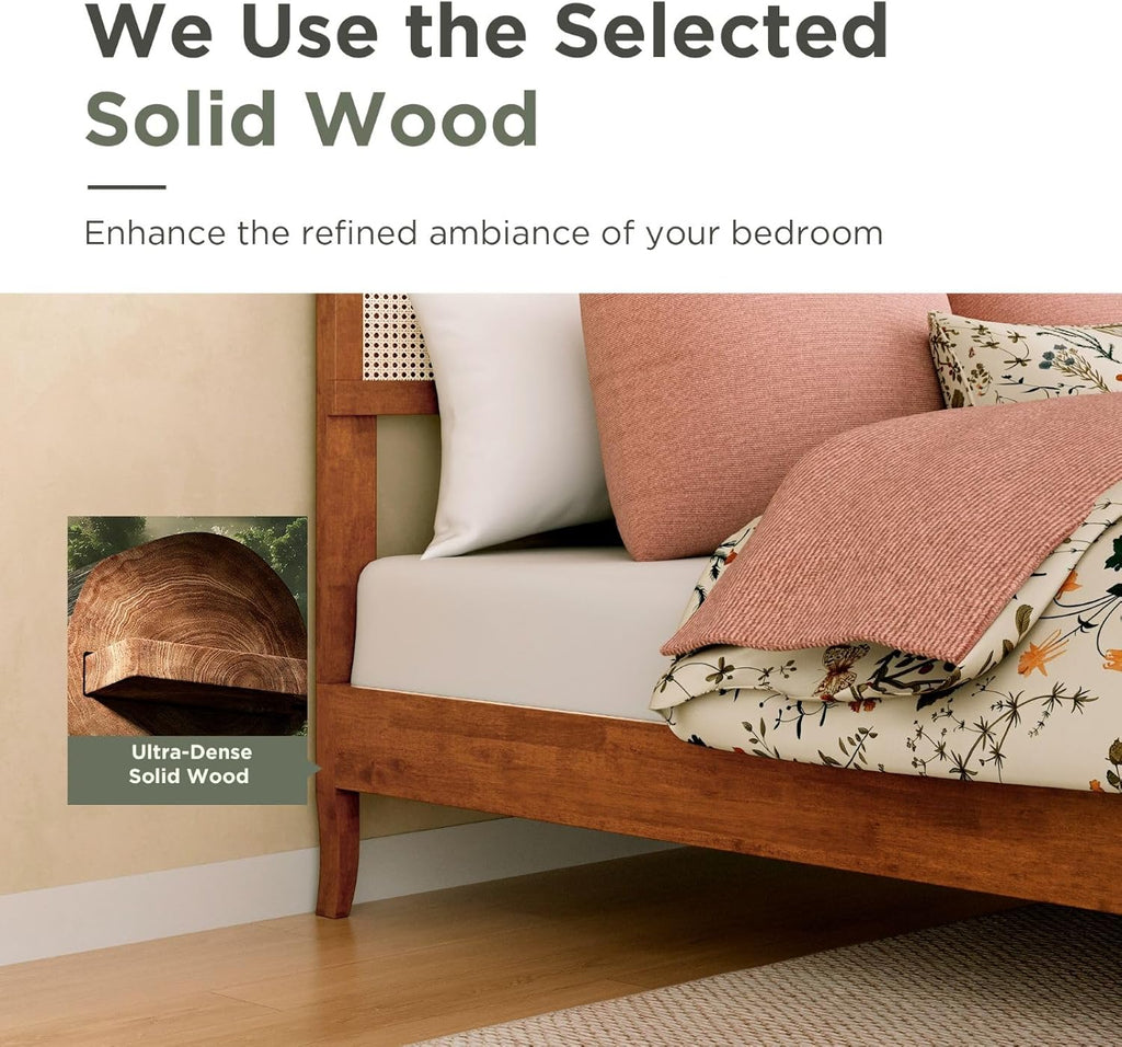 Sophia & William Rattan Bed Frame Full Size, Wood Bed Frame with Adjustable Headboard, Solid Wood Slats Support, Brown