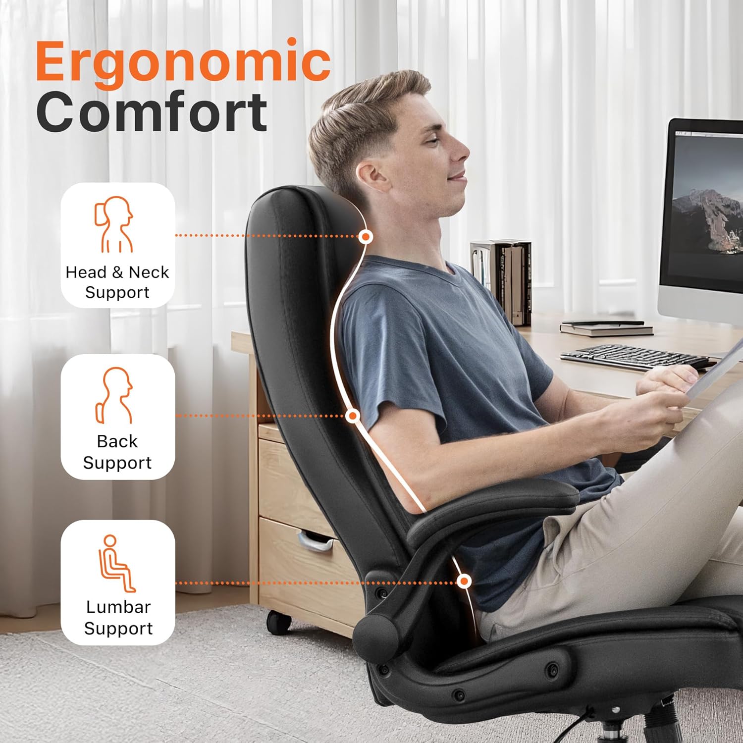 NEO CHAIR Office Desk Gaming Computer Home Chair Ergonomic Executive High Back Support Flip-up Arms Adjustable Height Swivel Rolling Wheels Comfy PU Leather (Black)