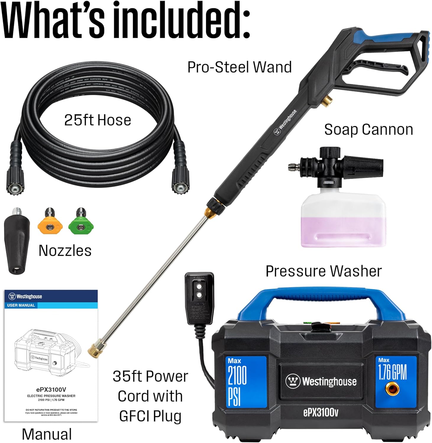 Westinghouse ePX3100v Electric Pressure Washer, 2100 Max PSI 1.76 Max GPM, Built-in Carry Handle, Detachable Foam Cannon, Pro-Style Steel Wand, 3-Nozzle Set, for Cars/Fences/Driveways/Home/Patios