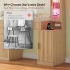 BTHFST Fluted Makeup Vanity Desk with Large 31.5" Mirror and Lights, 46.1" Wood Vanity with Charging Station & RGB Lights, Dressing Table with 6 Drawers & Cabinet & Shelves, Oak