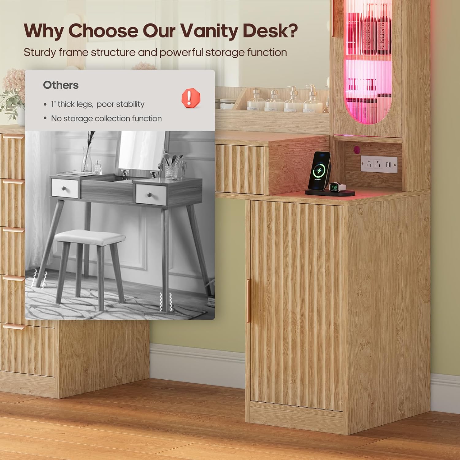 BTHFST Fluted Makeup Vanity Desk with Large 31.5" Mirror and Lights, 46.1" Wood Vanity with Charging Station & RGB Lights, Dressing Table with 6 Drawers & Cabinet & Shelves, Oak