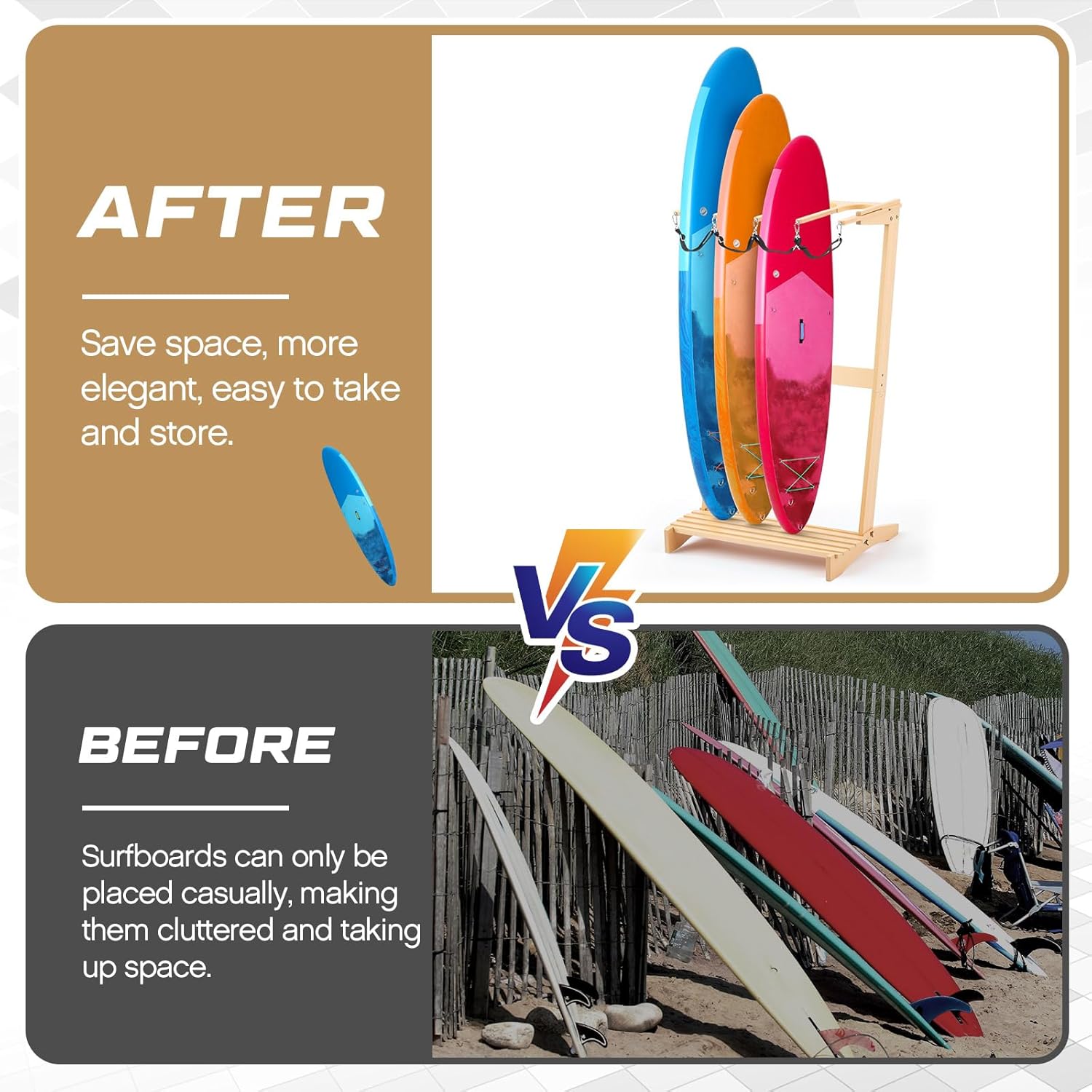 CroBlissful Surfboard Rack Freestanding Vertical Surf Board Stand for 4 Boards Bamboo Display Rack for Shortboard, Snowboard, Skateboard, Ski and Wakeboard