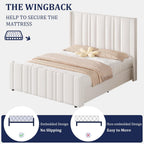 HOMBCK Queen Bed Frame, Upholstered Platform Bed Frame Queen Size with Vertical Channel Tufted Headboard & Footboard, Wingback Design/Noise Free/No Box Spring Needed/Easy Assembly, Cream