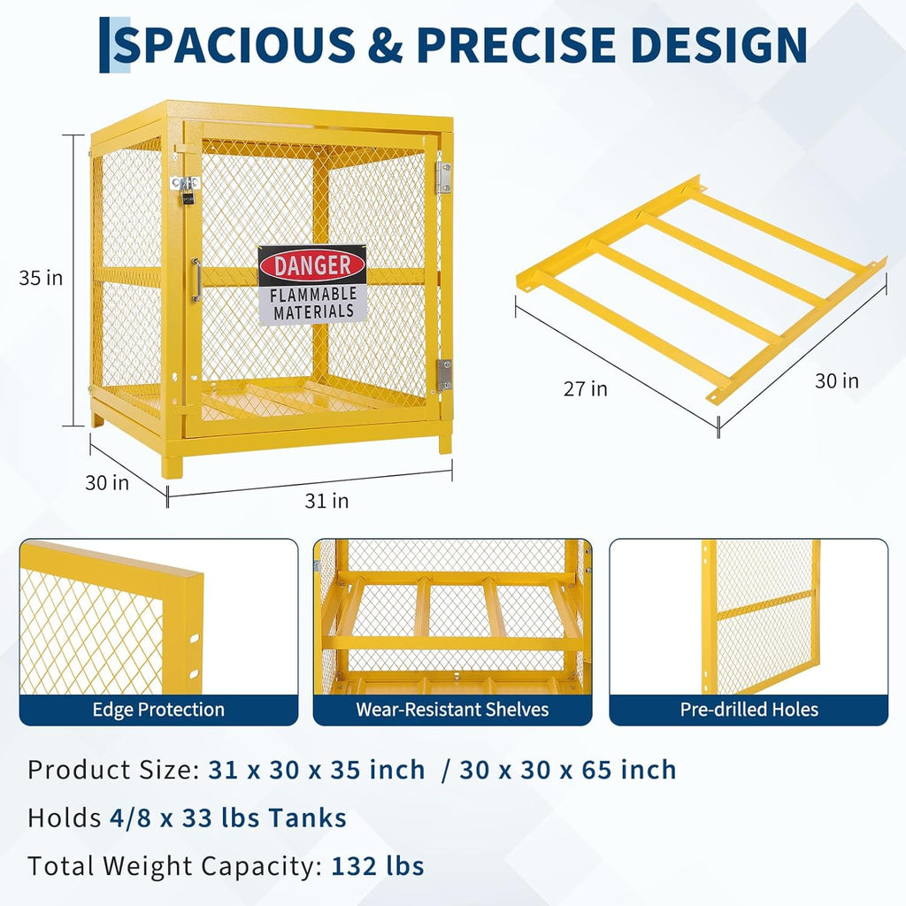 Garvee Horizontal Storage Cabinet Lockable Heavy-Duty for 4 Propane Cylinders 31x30x35 Inch OSHA-Compliant Gas Tank Cage w/Anti-Slip Guardrails, Yellow Powder Coated Steel, 2-Tier Workshop Storage