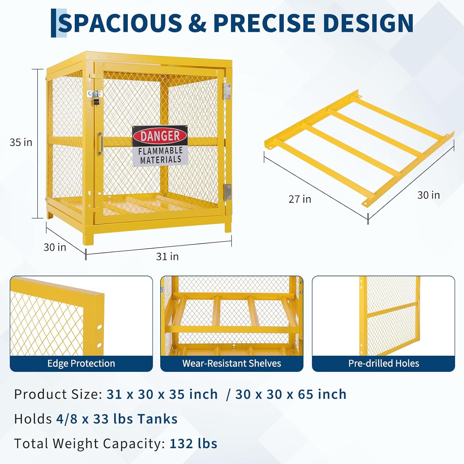 Garvee Horizontal Storage Cabinet Lockable Heavy-Duty for 4 Propane Cylinders 31x30x35 Inch OSHA-Compliant Gas Tank Cage w/Anti-Slip Guardrails, Yellow Powder Coated Steel, 2-Tier Workshop Storage