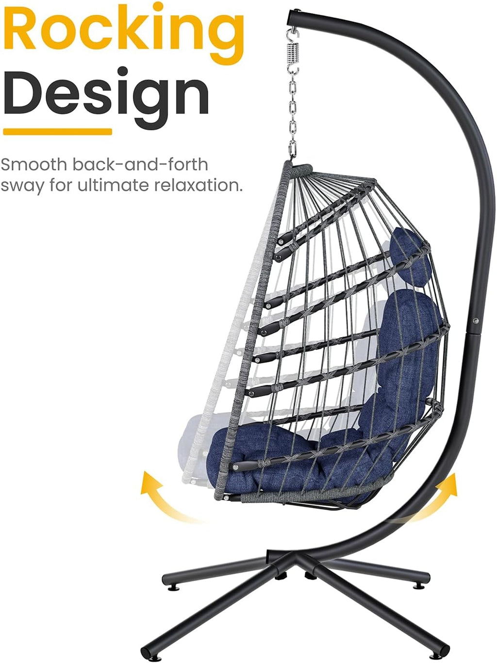 Hanging Egg Chair with Stand, Indoor Outdoor Wicker Patio Egg Swing Chair with Cushion for 350LBS Capacity, Hanging Hammock Chair for Bedroom, Garden, Porch - Dark Blue