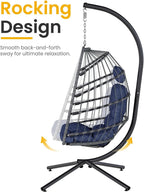 Hanging Egg Chair with Stand, Indoor Outdoor Wicker Patio Egg Swing Chair with Cushion for 350LBS Capacity, Hanging Hammock Chair for Bedroom, Garden, Porch - Dark Blue