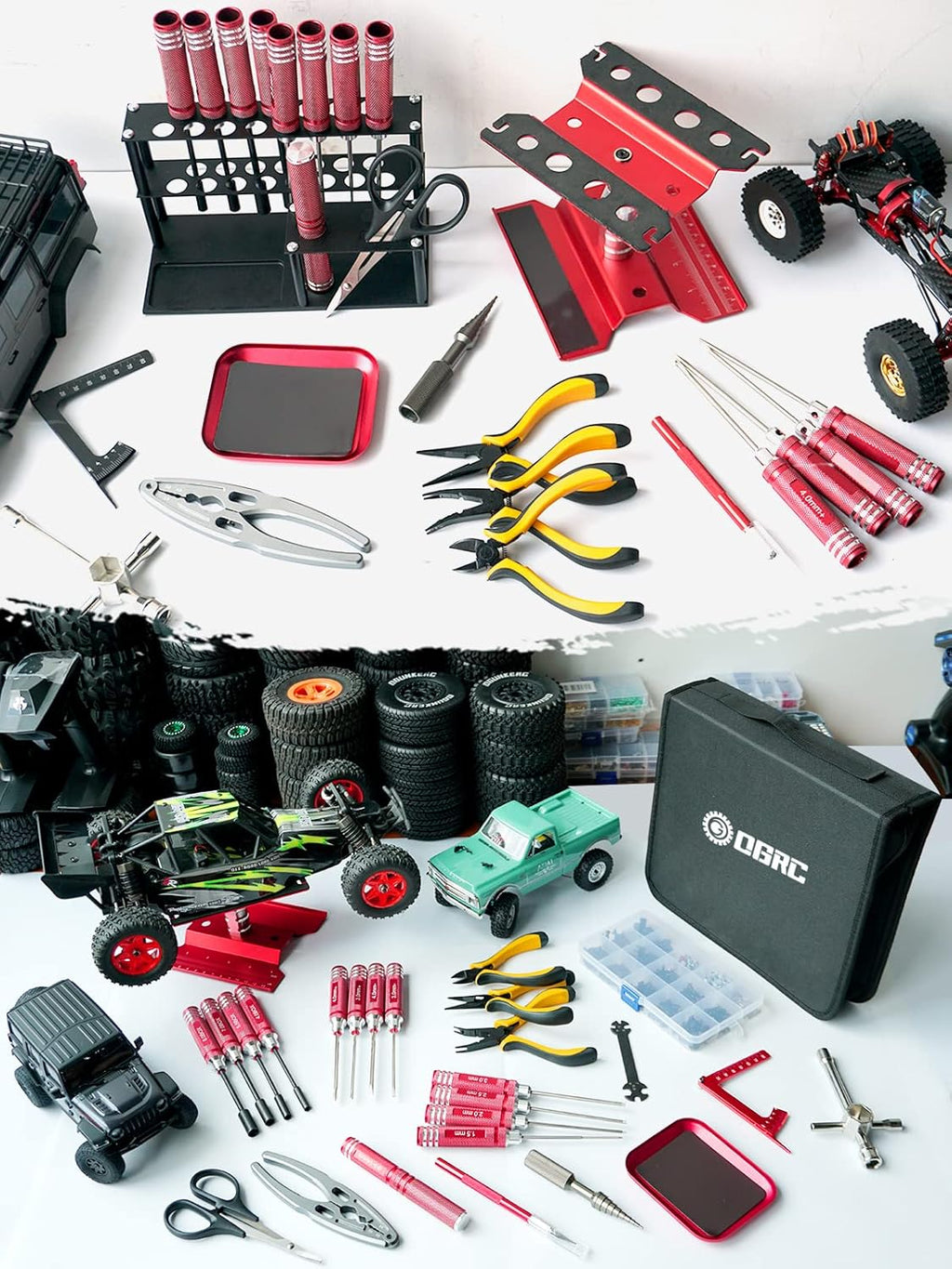 RC Tool Kit Screwdriver Set (Flat, Phillips, Hex) Metal Holder, RC Work Stand, 522PCS Screw Kit, Pliers Set, Body Reamer, Wrench, Tray, Repair Tool for RC Car Boat Quadcopter Helicopter -27pcs (Red)