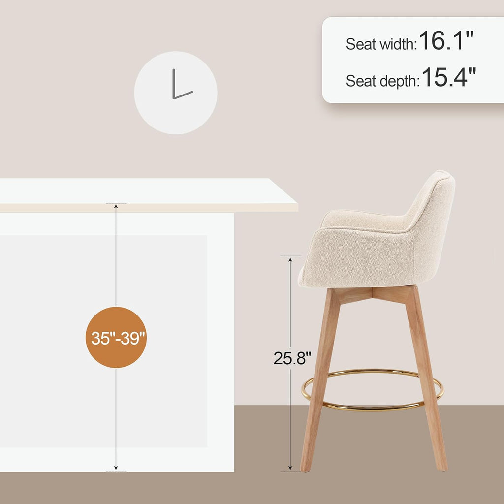 ONEVOG Modern 26" Counter Height Bar Stools Set of 4, Swivel Kitchen Island Tall Chairs with Back, Arm, Footrest and Solid Wood Legs, Linen Fabric Upholstered Farmhouse Barstools for Countertop, Beige