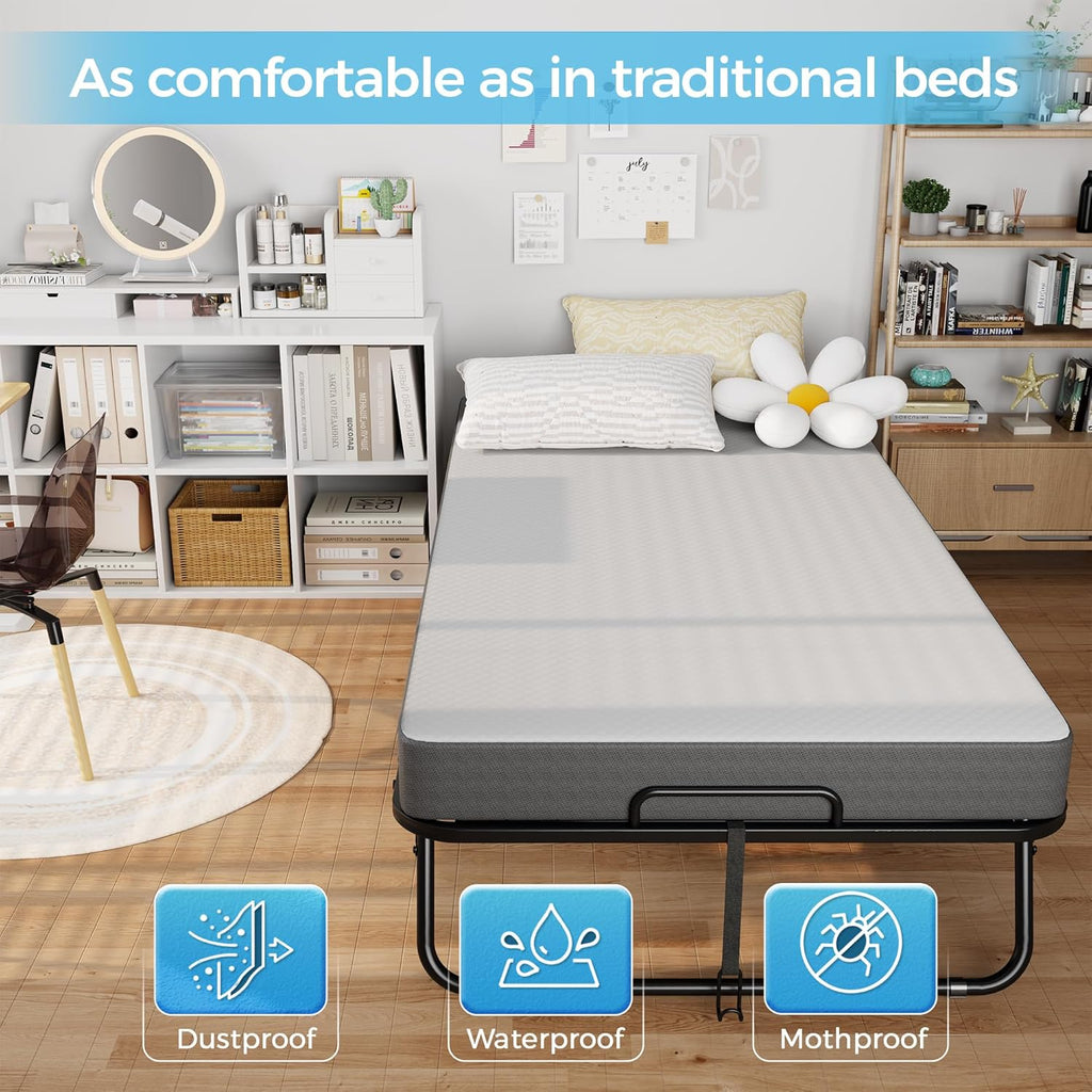 Folding Bed with 5" Mattress, 75" x 31" Roll Away Twin Beds for Adults with Storage Cover, Portable Foldable Bed with Metal Frame on Wheels for Guest, Space Saving